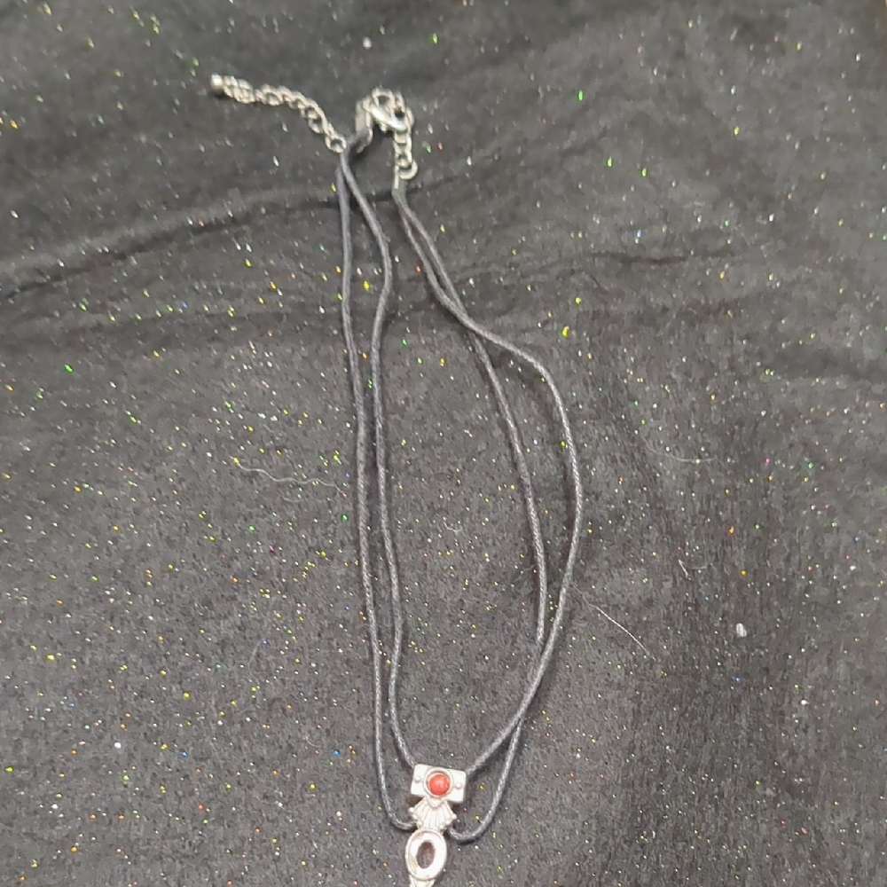 Source Unknown Black Cord Necklace with Silver Pendant and Red Accent